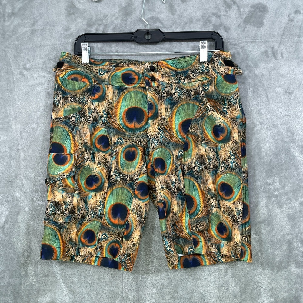 SHREDLY MTB Bike Shorts Women's Size 6 Peacock Feather Print Stretch Pockets USA